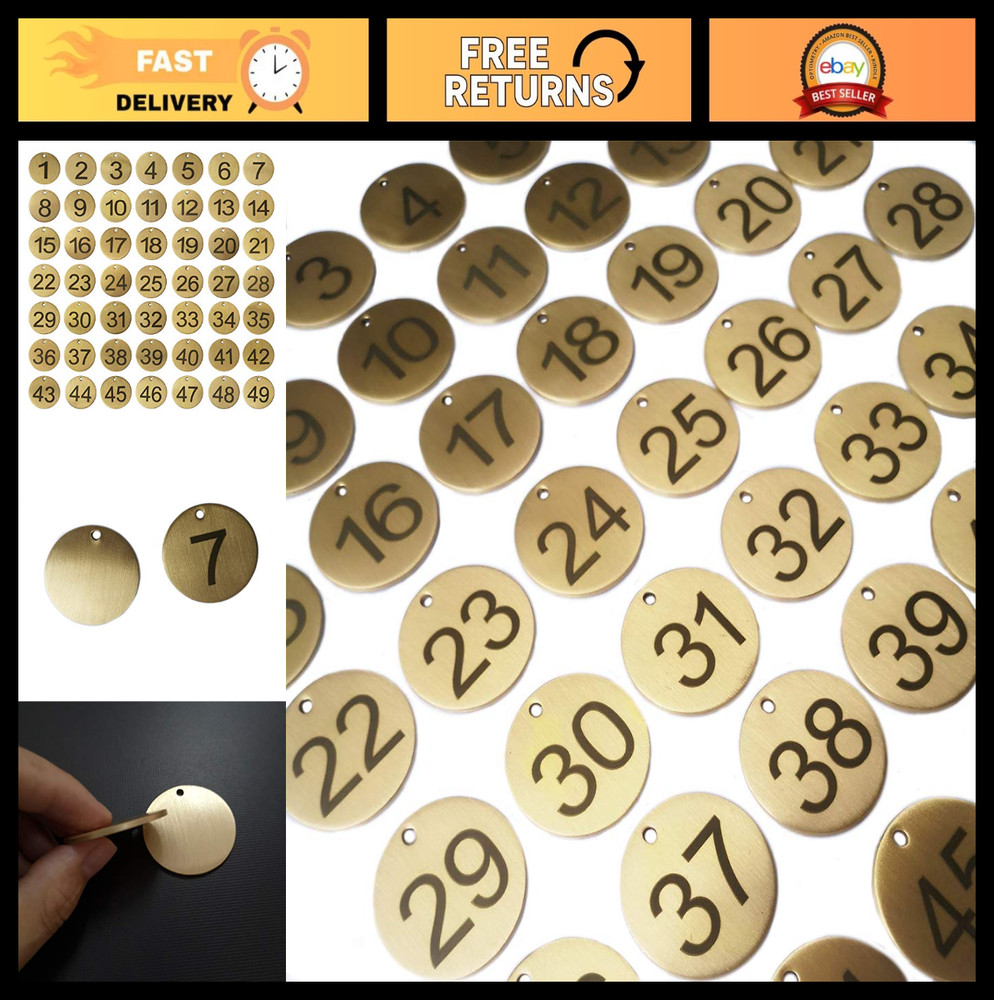 Numbered Brass Tags 1-50, 1.37" Diameter (3.5cm) - Durable Identification Labels