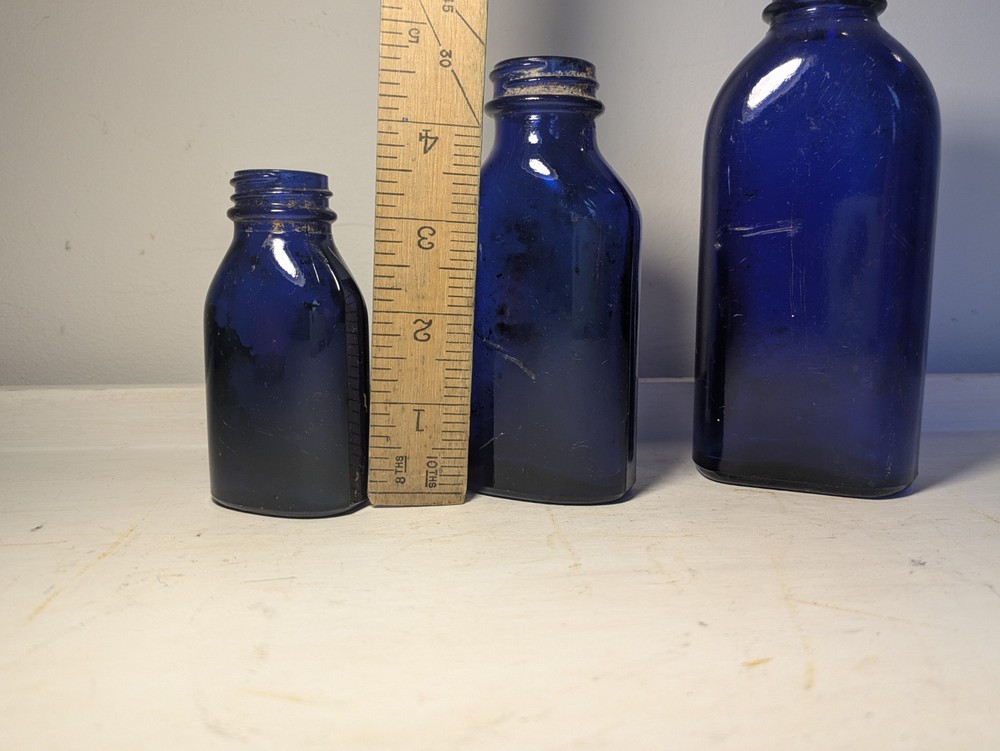 Three Vintage Blue Glass Bottle Small