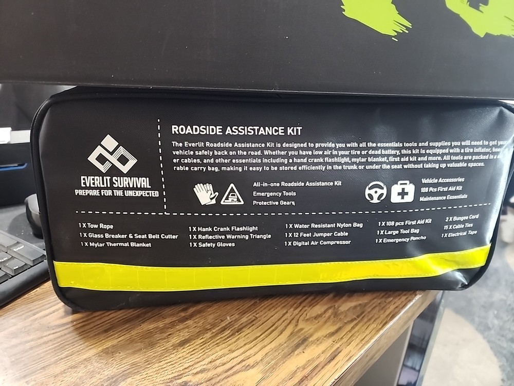 Roadside Safety Tool Kit with Digital Tire Inflator, Jumper Cables, First Aid