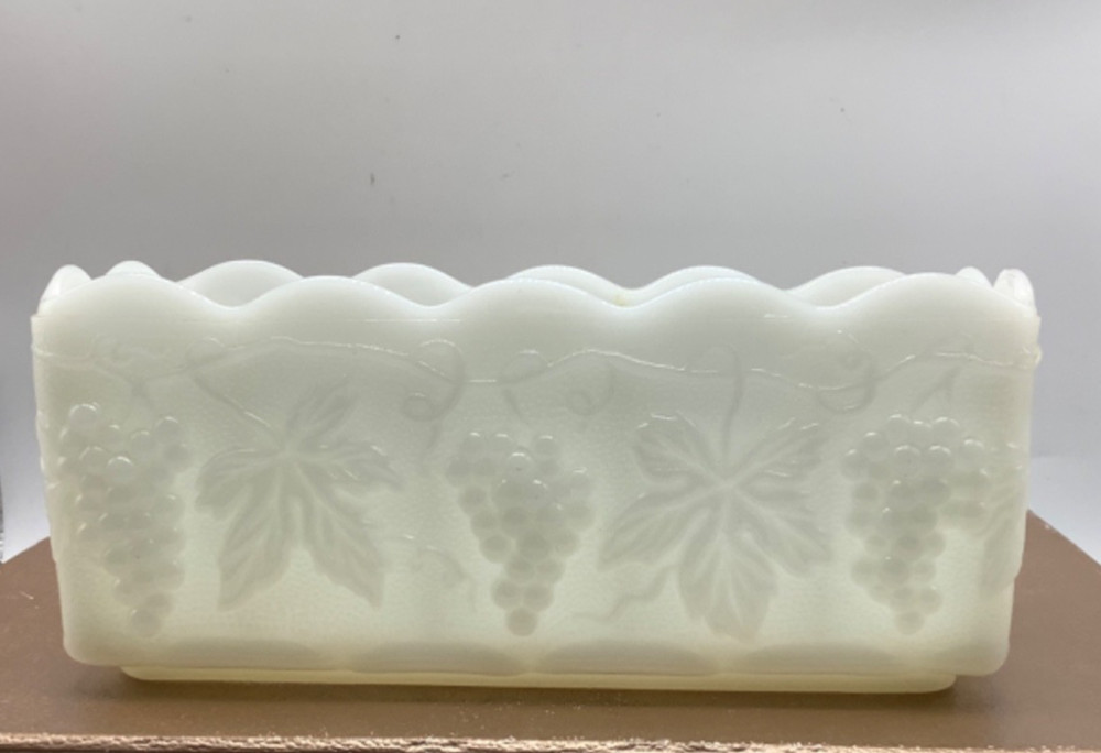 Vintage Grape & Leaf Milk Glass Fire King Anchor Hocking Planter, Rectangular 8”