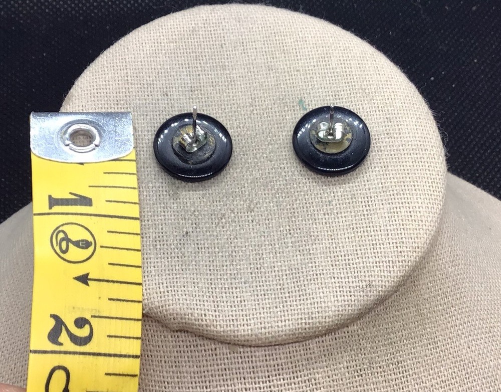 Vintage Silver Tone Costume Black Plastic Button Stud Earrings E545