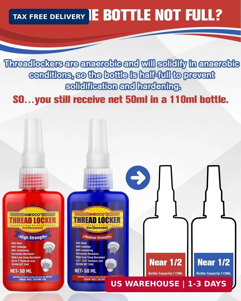 Thread Lock Blue and Red, Threadlocker Medium and Strong Strength, Thread Locker