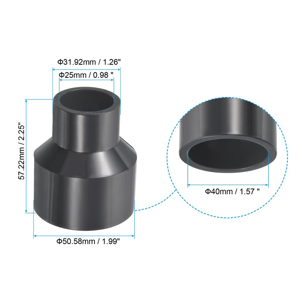 PVC Reducer Pipe Fitting 1.6x1" Socket Coupling Adapter Connector, Grey