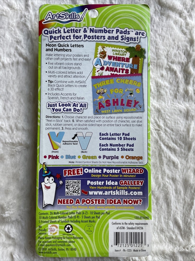 New Artskills! Quick Letter & Number Pads, Neon, Repositionable