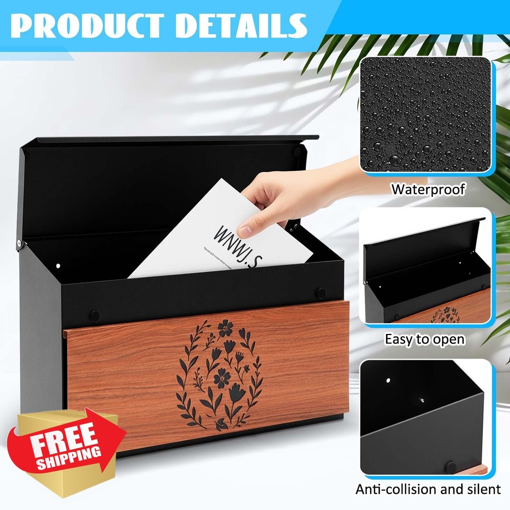 Yaocom Large Wall Mount Mailbox Galvanized Steel Rustproof Metal Locking Wood