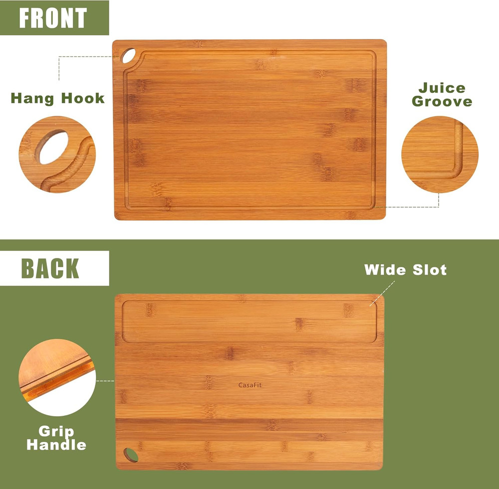 3-Piece Organic Bamboo Cutting Board Set for Kitchen - Carbonized Extra Sturdy C