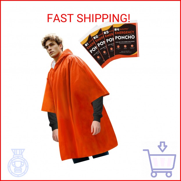 Rasupro 4 Pack Emergency Ponchos with Thickened Mylar Blanket Lining, Windproof,