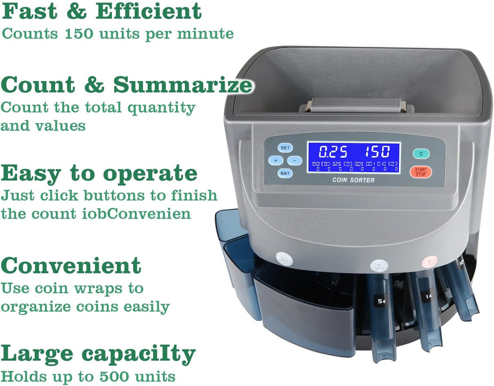 USD Coin Counter Machine - Professional Automatic Coin Sorter and Wrapper/Roller
