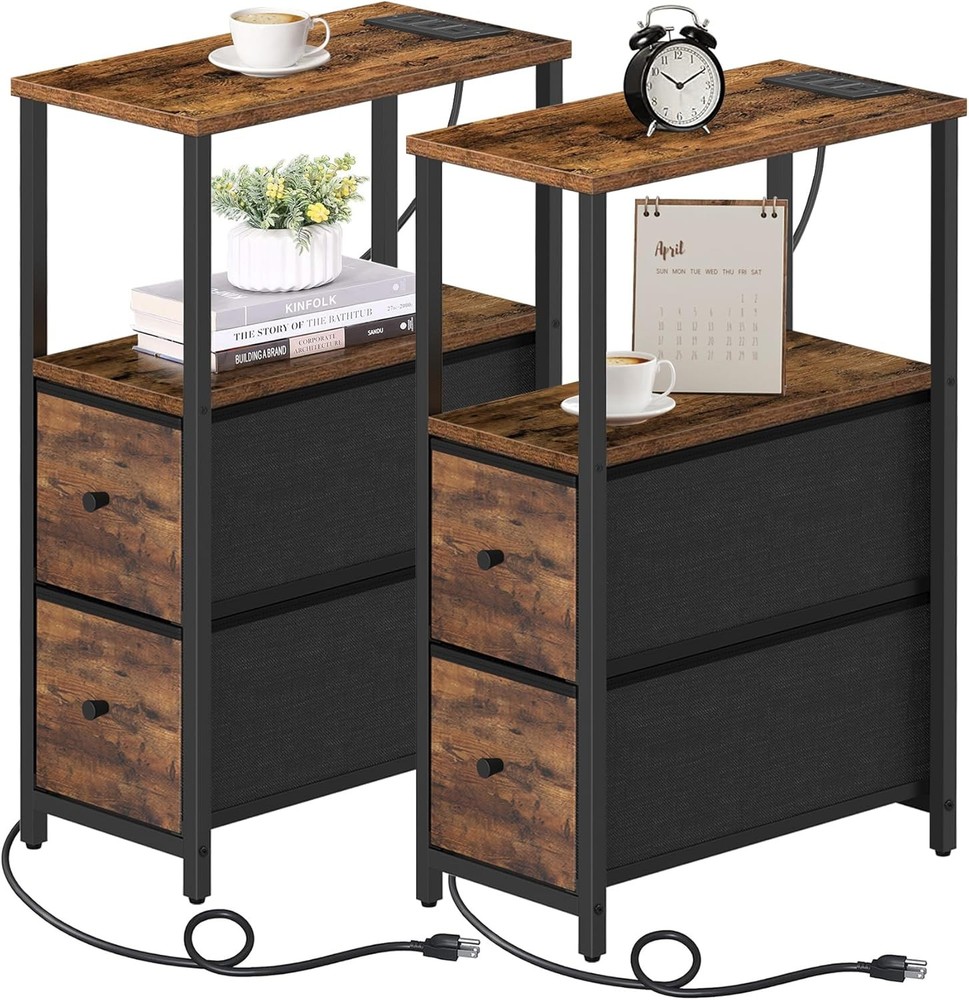 Small Narrow LED End Table with Charging Station, Side Table Outlets, Nightstand