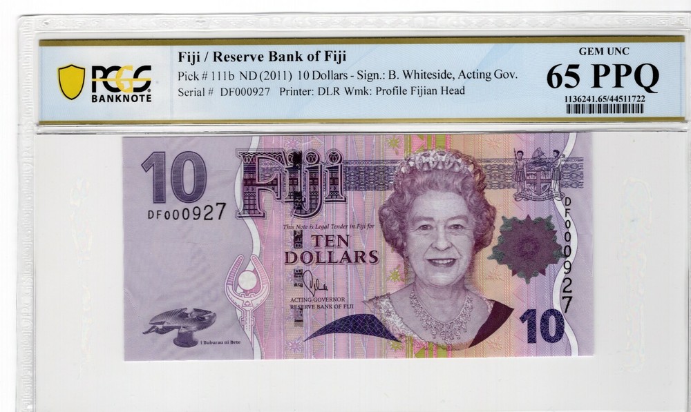 Fiji 2011 $10 PCGS Banknote UNC Gem 65 PPQ Pick 111b Low Serial #