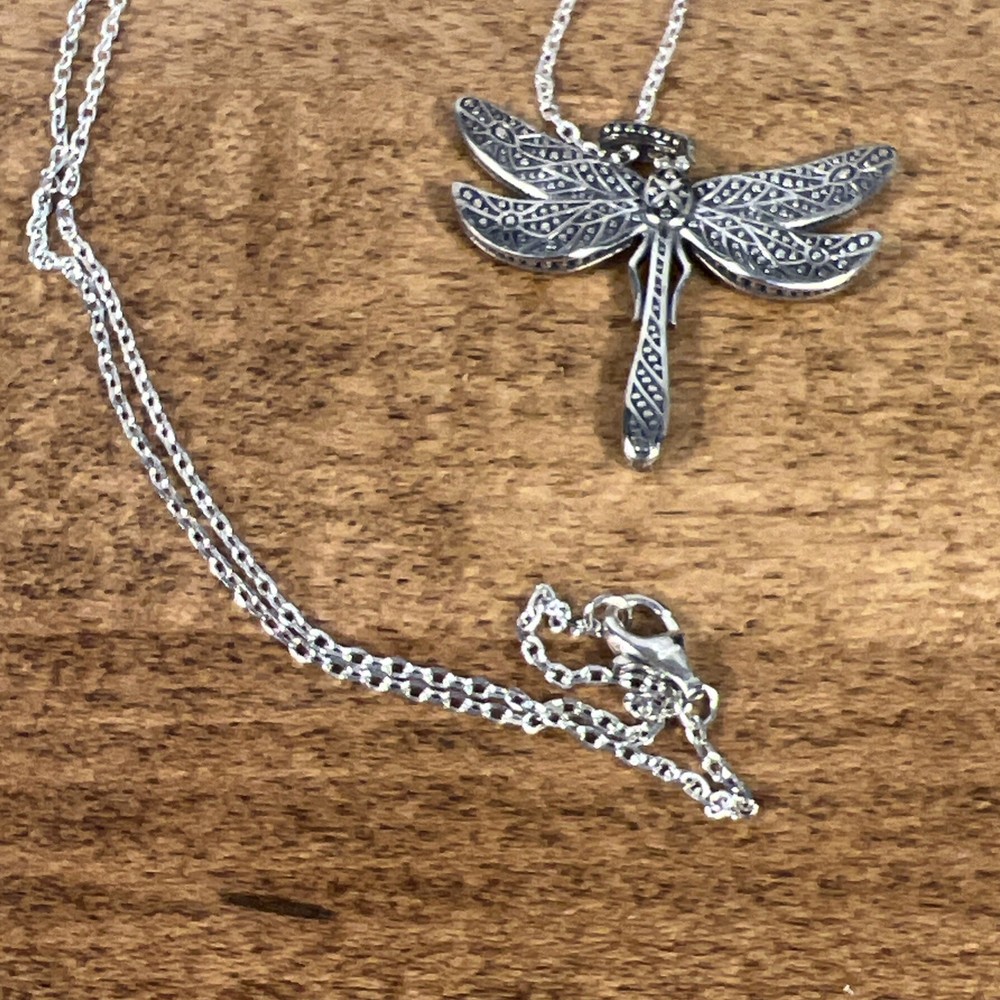 Sterling Silver 925 Dragonfly Pendant Necklace 18" Chain