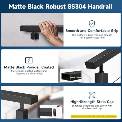 8FT Stainless Steel 304 Handrail Black 3Pack, Rectangular Handrail-8FT-3 Pack