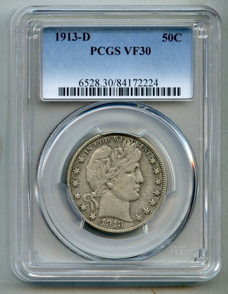 1913 D Barber Silver Half Dollar PCGS VF 30