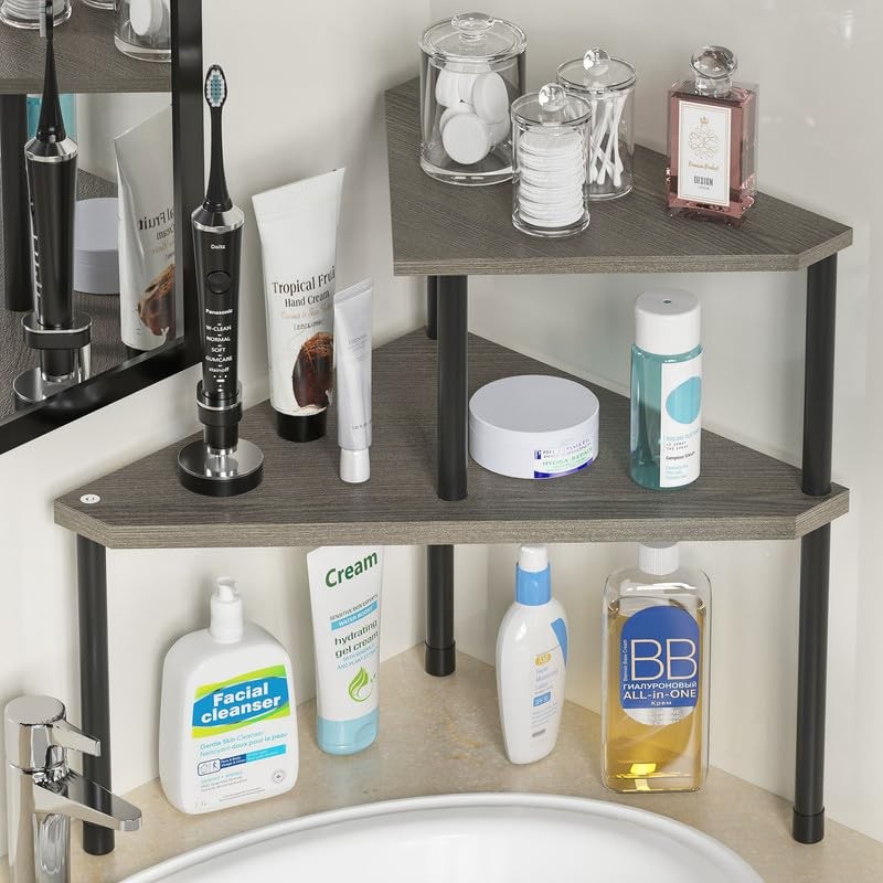 Weenson 2-Tier Over Sink Corner Bathroom Counter Organizer Shelf Rustic Grey
