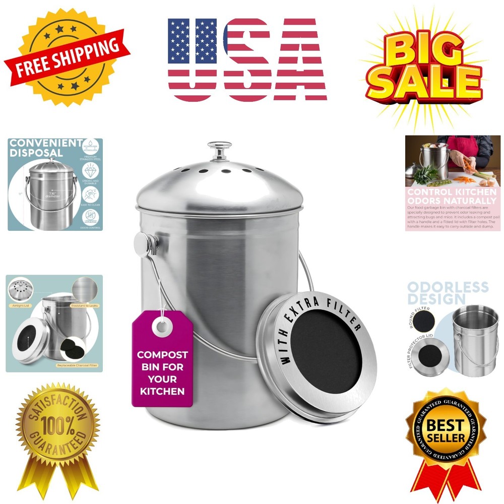 Countertop Compost Bin Kitchen | 1.3 Gallon | Odorless Composting Bin with Ca...