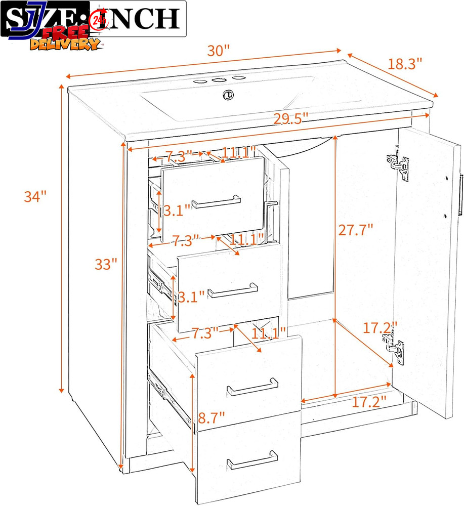 30'' Bathroom Vanity with Ceramic Sink Combo Solid Wood Frame Bathroom Storage