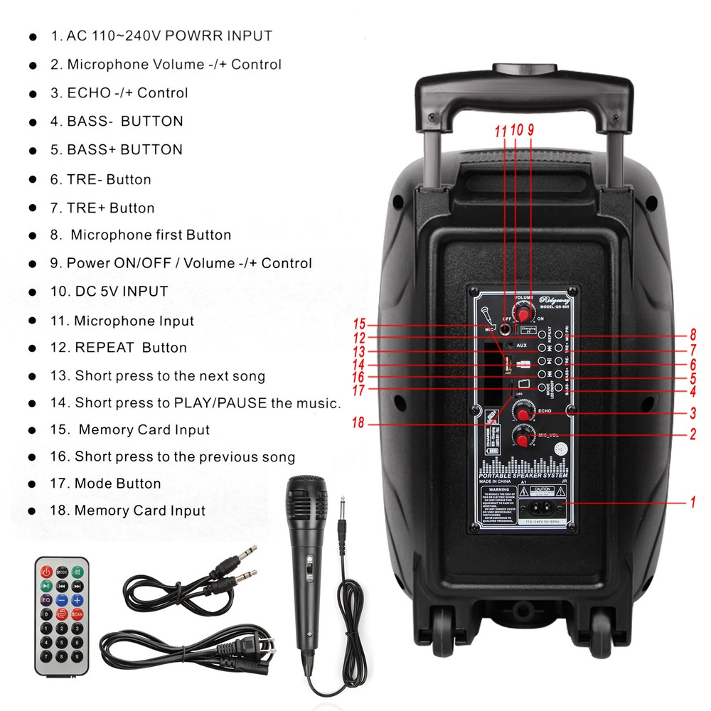 PA Audio System 8'' Bluetooth Speaker Sub woofer Microphone Remote Control Party