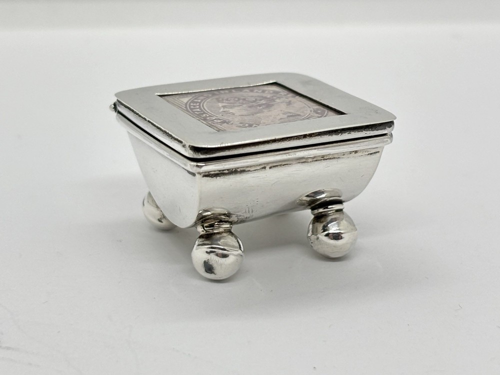 Solid Sterling silver stamp box / case / holder on raised ball feet