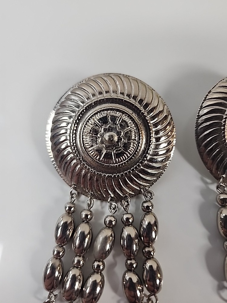 Concho Post Earrings w/Articulating Silver Feathers, 3” Long