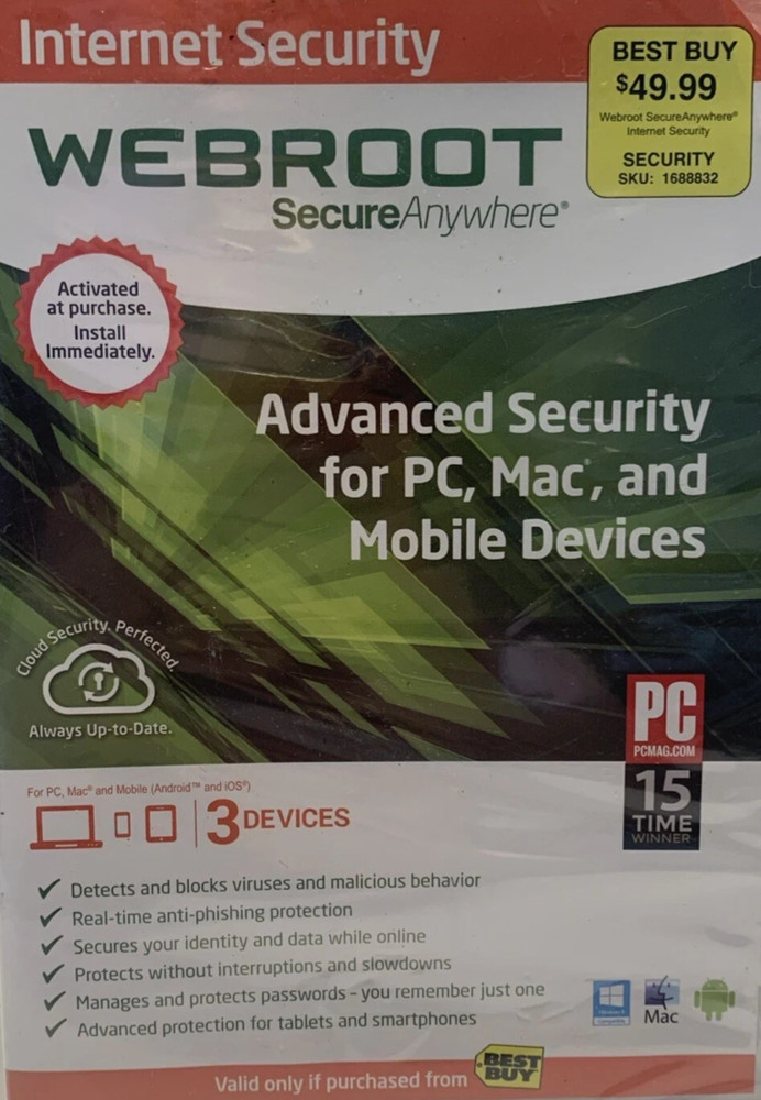 WEBROOT Secure Anywhere Internet Security, 3 Devices Antivirus Mobile PC Mac B19