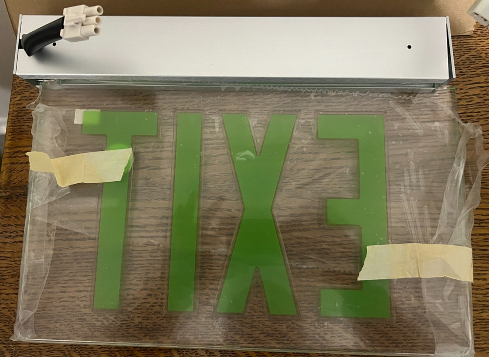 Lithonia Aluminum Edge-Lit Exit Sign, Double Face, Green Panel assembly
