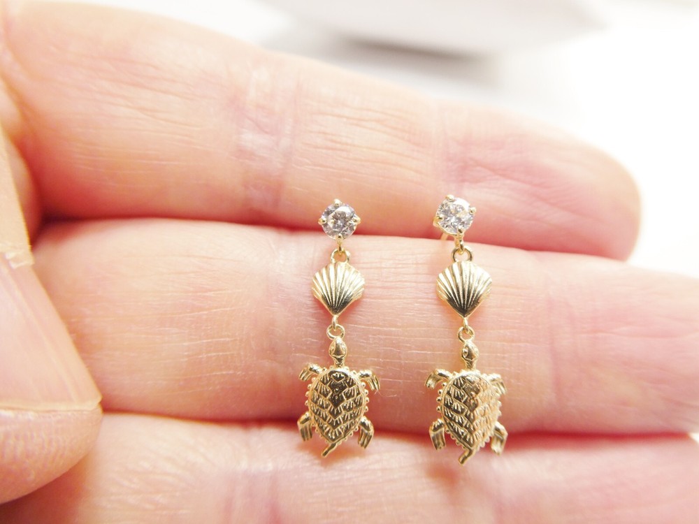 10K REAL SOLID YELLOW GOLD TURTLE DANGLING STYLE PUSH POST EARRINGS