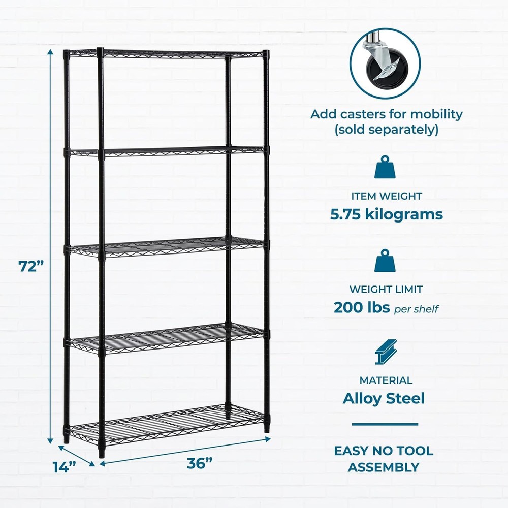 Maximize Storage with 5-Tier Adjustable Shelves - 200 lb Capacity, Rust-Proof