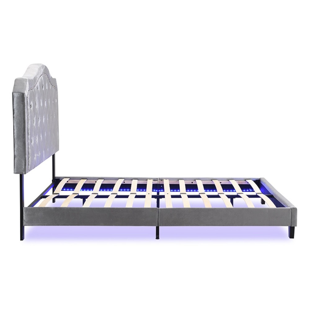 Queen Size Bed Frame Upholstered Platform Bed w/ LED Lights Black/Light Gray