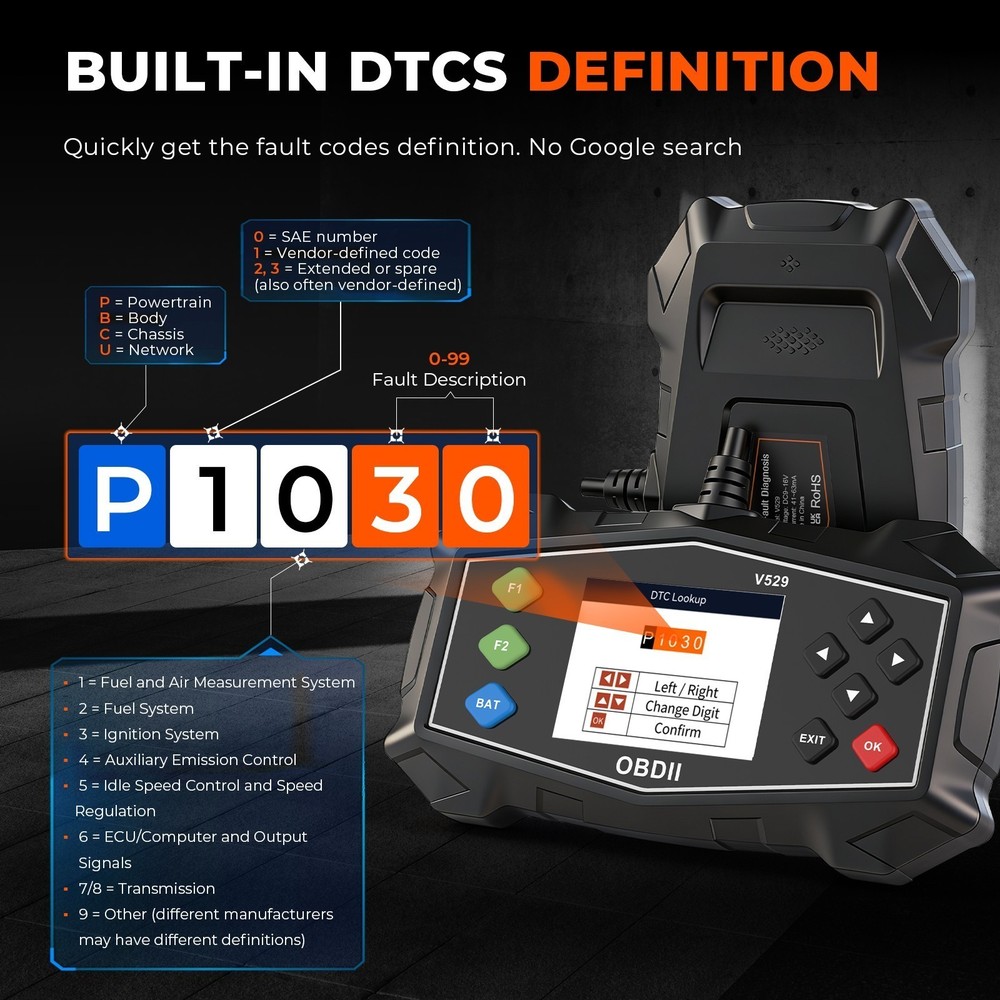 V529 OBD2 Scanner Car Diagnostic Scan Tool ABS Code Reader Battery DTC LOOKUP