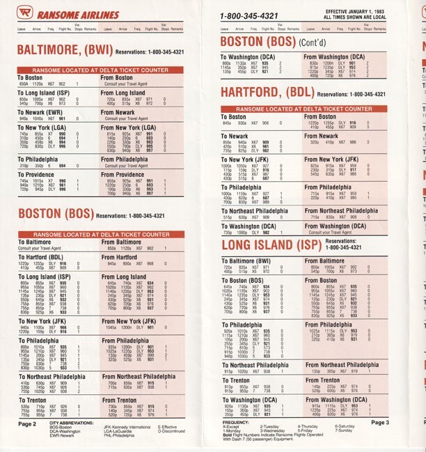 Ransome Airlines timetable 1983/01/01