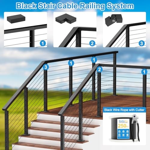 4' Rectangular Cable Railing Handrail, Black Stainless Steel Handrail with