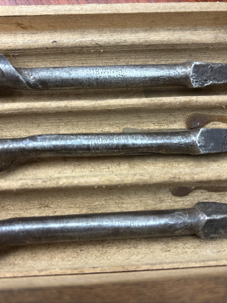 Antique Irwin Auger Drill Bit Wood Box w/ 8 auger bits