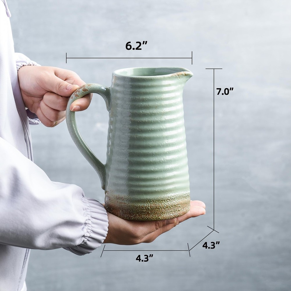 Ceramic Rustic Vase with Handle, Green Distressed Decorative Farmhouse Pitche...