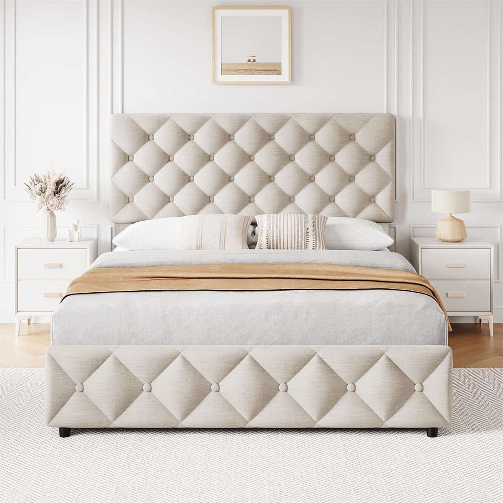4 Storage Drawers and Headboard Full Size Bed Frame Linen Upholstered Platform