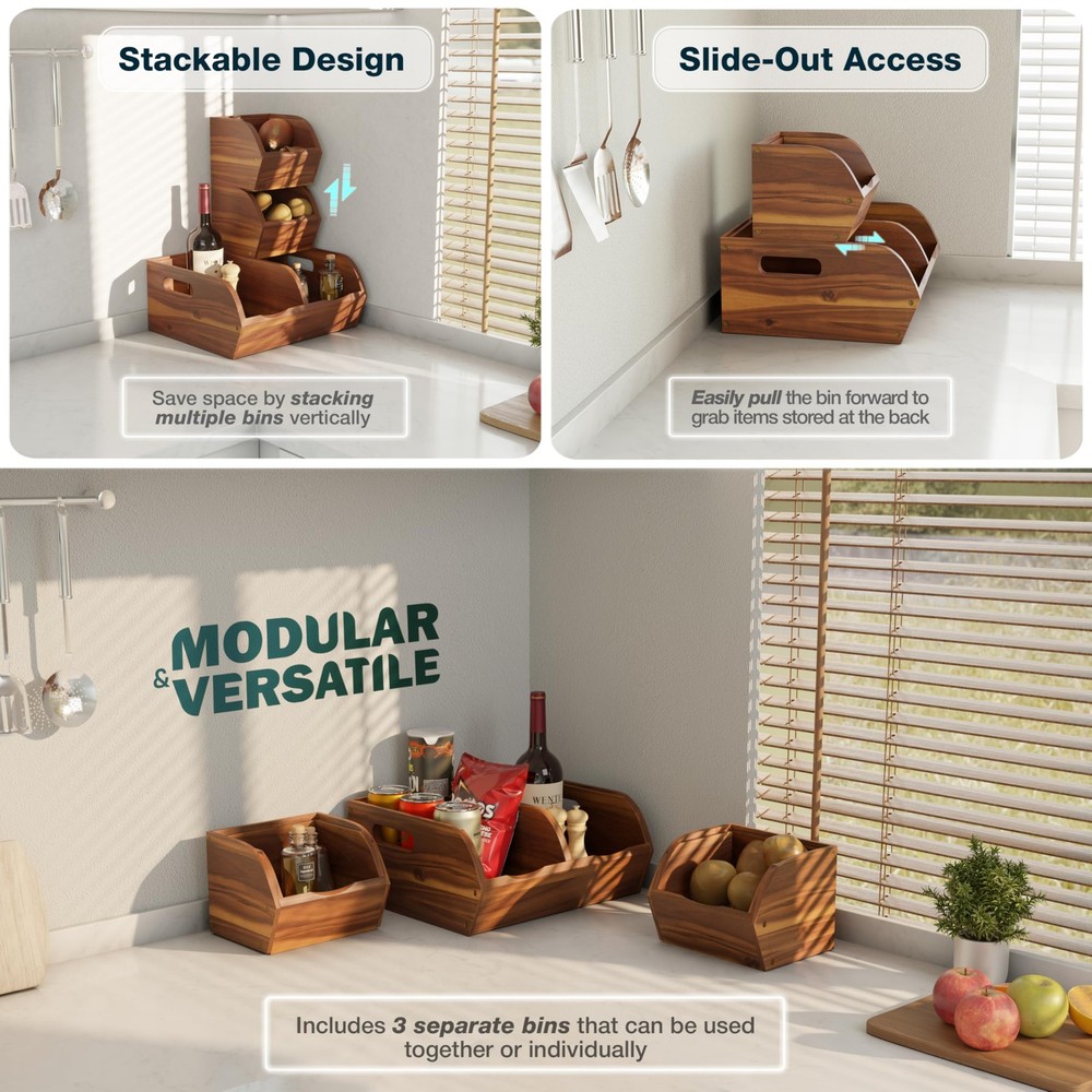 Acacia Wood Pantry Storage Bins – Stackable Open Front Kitchen Baskets for Po...