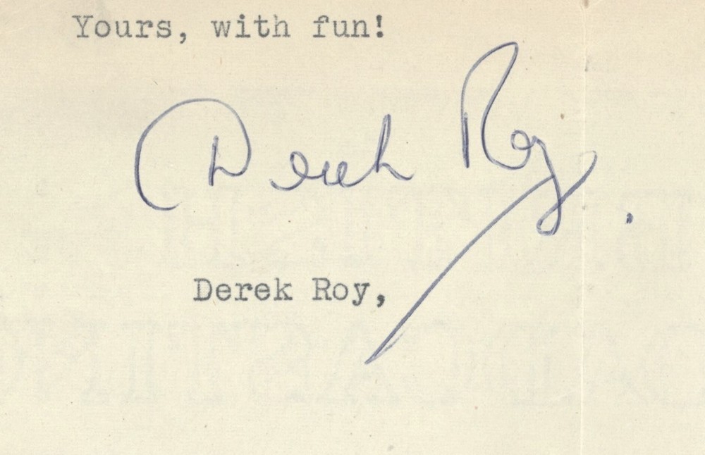 Vintage Derek Roy Signed Letter