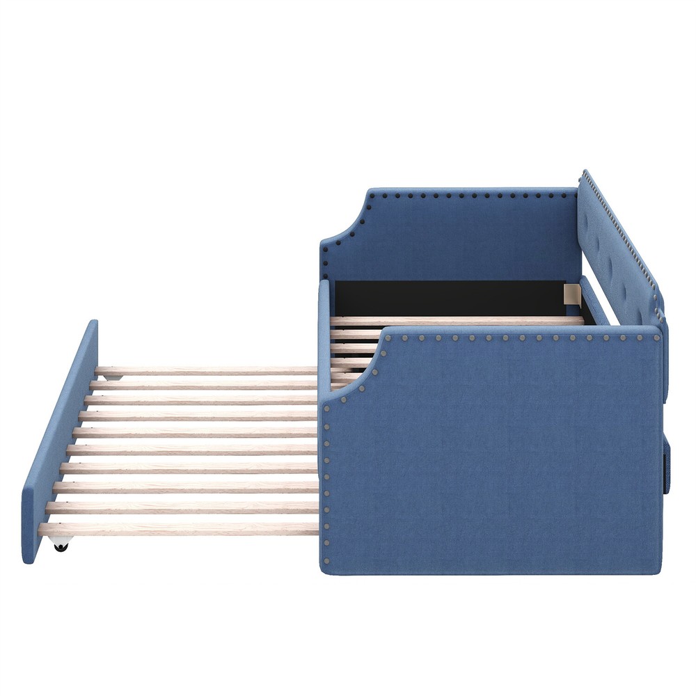 Twin Size Daybed with Pull-Out Trundle Bed Upholstered Bed Frame Sofa Bed Blue