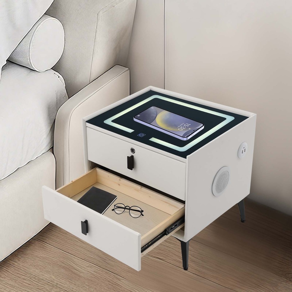 Smart Nightstand Bedside Table with Drawers Bluetooth Speaker Wireless Charging