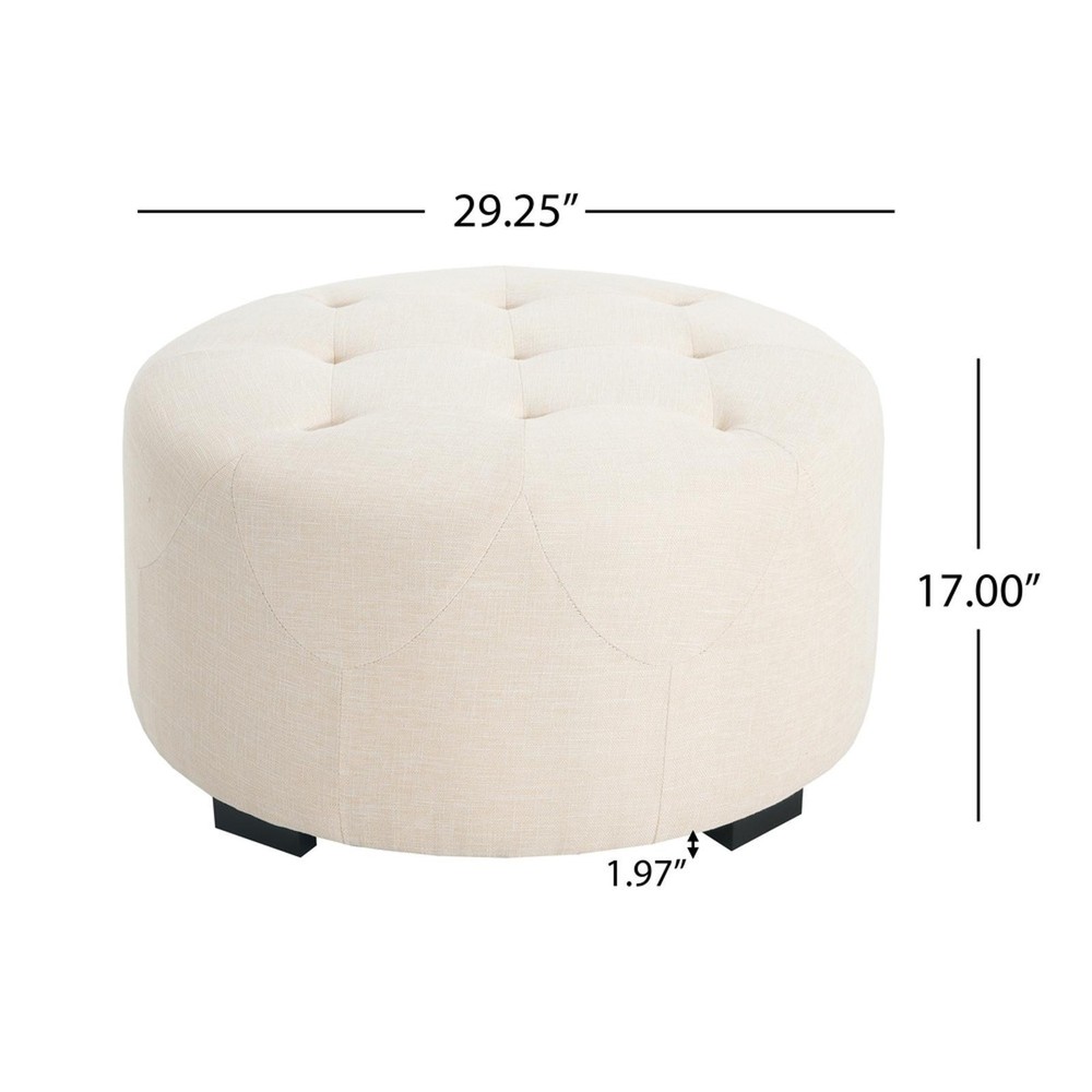 Upholstered Button Tufted Round Ottoman, Beige, Small Version