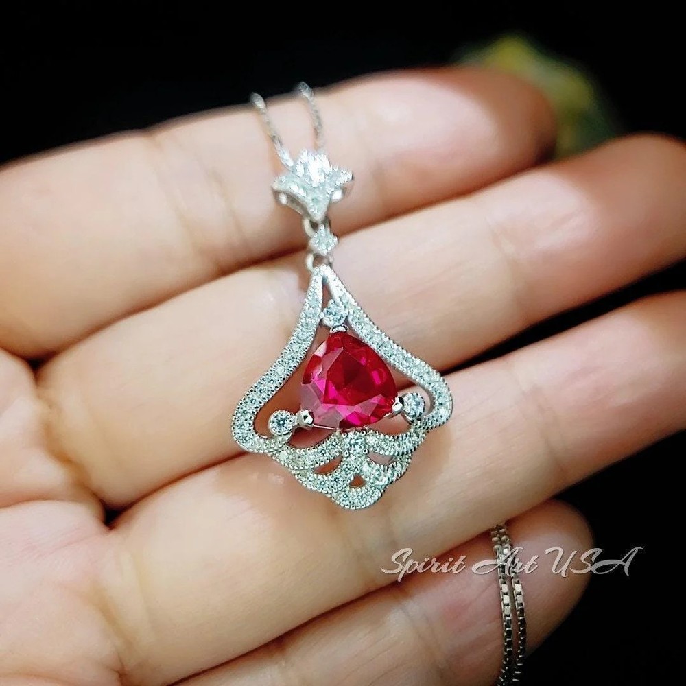 Mandolin flower Red Ruby Necklace - 1.2 ct Trillion Cut Red Ruby Pendant -