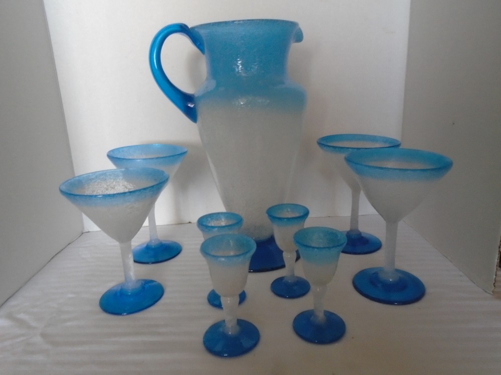 Vintage Blue & White 9 Piece Glass Martini Set