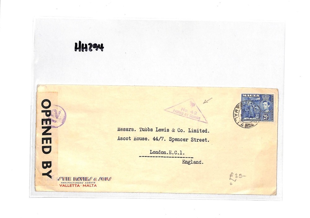 MALTA WW2 Censor Cover 1941 Triangular *42* & Circular *12* Violet London HH294