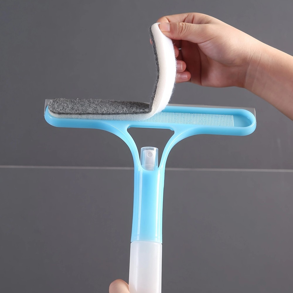 Blue 3-in-1 Window Scraper,Detachable Microfiber Pad for Scrubbing&Squeegee,Stre