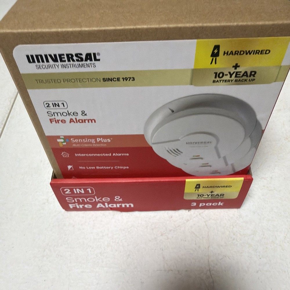3x Universal Security (3-Pack) Hardwired & 10-Year Battery Fire & Smoke Detector