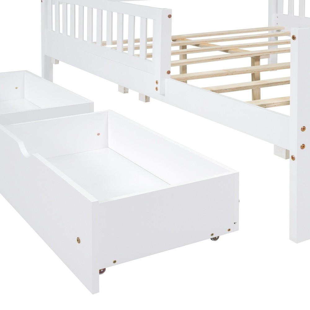 Full Size Bed Frame Wood Platform Bed Frame w/ 2 Drawer & Guardrails White