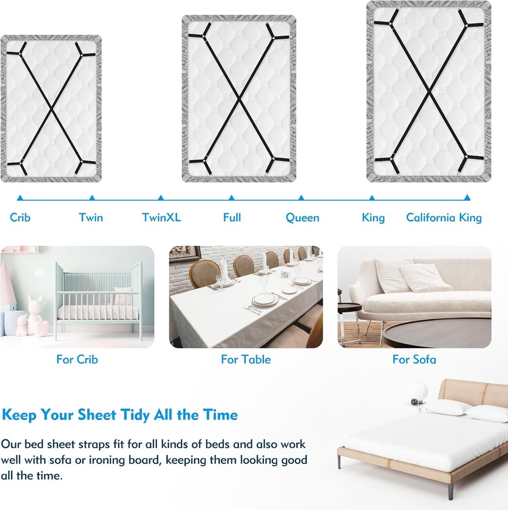 Bed Sheet Straps, 2Pcs Elastic Adjustable Bed Sheet Holder Straps, Fitted Sheet