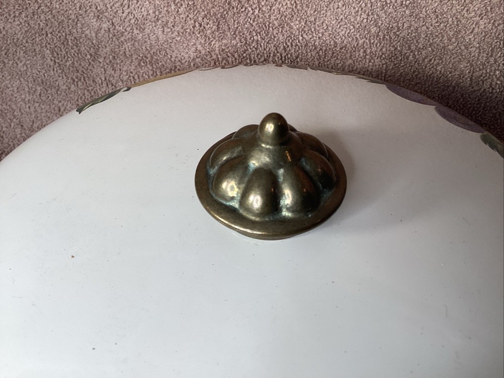 Cornucopia Lidded Serving Dish w/saucepan handles fruit pattern vintage