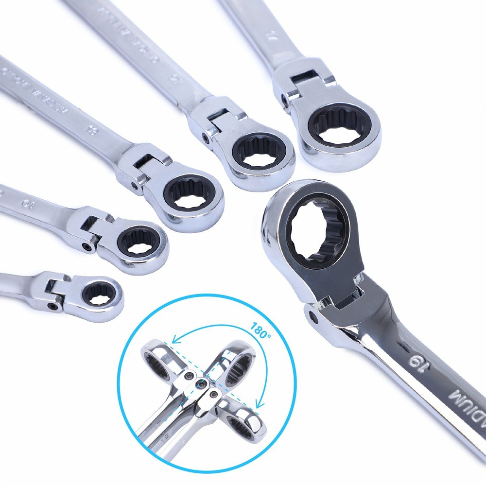 6Pcs Universal Double Box End Ratcheting Wrench Flex-Head Extra Long Spanner Set