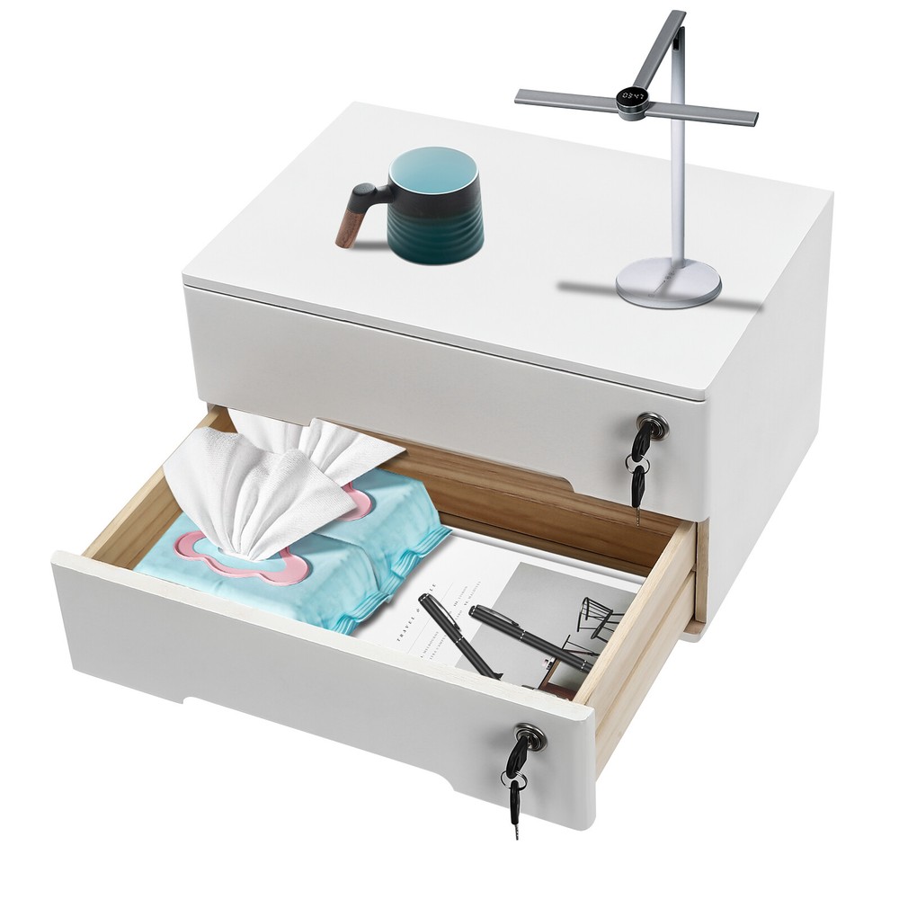 Compact Lockable 2-Drawer Wood Desktop Storage Cabinet with Keys