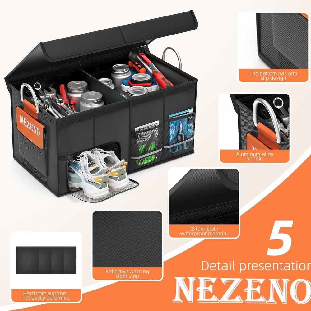 Car Trunk Organizer Multiple Compartments Collapsible Aluminum Handle Lid Box